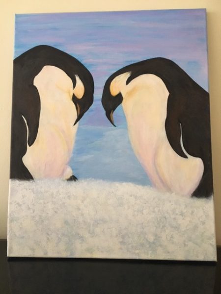 Original painting of two penguins head-to-head - Judi Bachmann