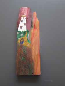White lighthouse painted on wood