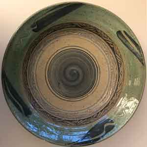 top view of green and blue pottery serving bowl